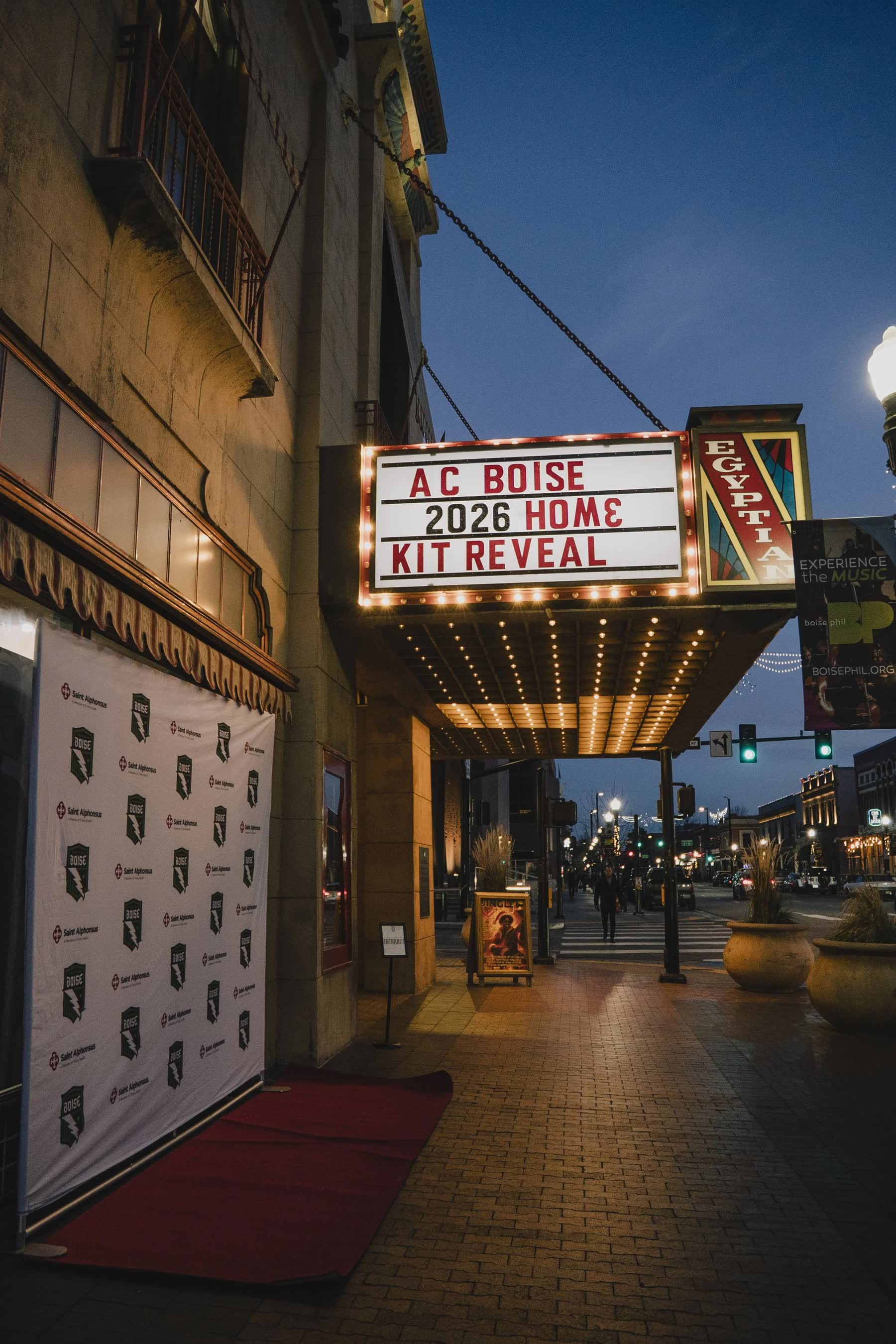 The Egyptian Theatre marquee: AC Boise 2026 home kit reveal
