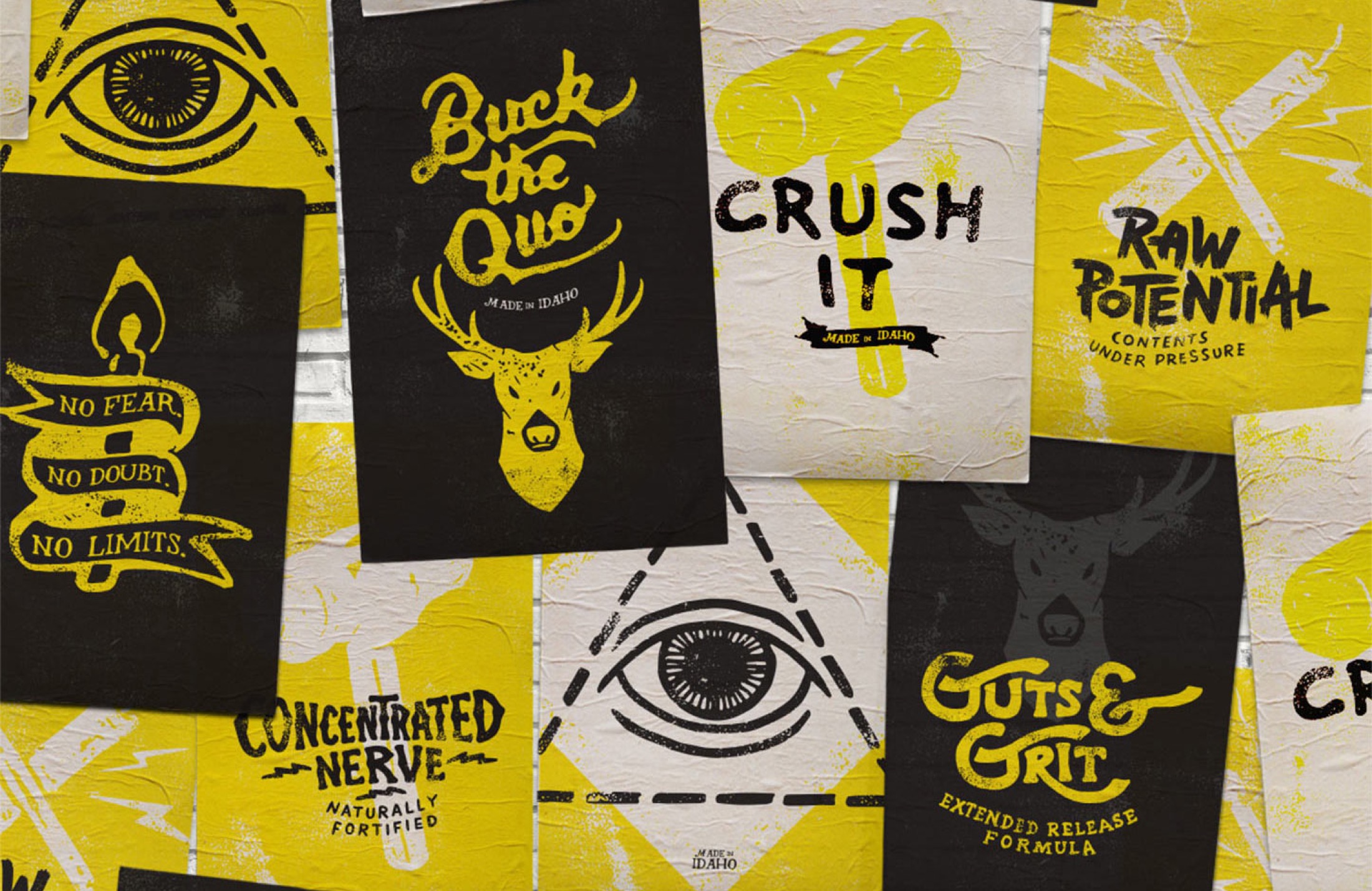 The Buck the Quo poster system wheatpasted on a wall: Crush It, Raw Potential, Guts and Grit, No Fear No Doubt No Limits