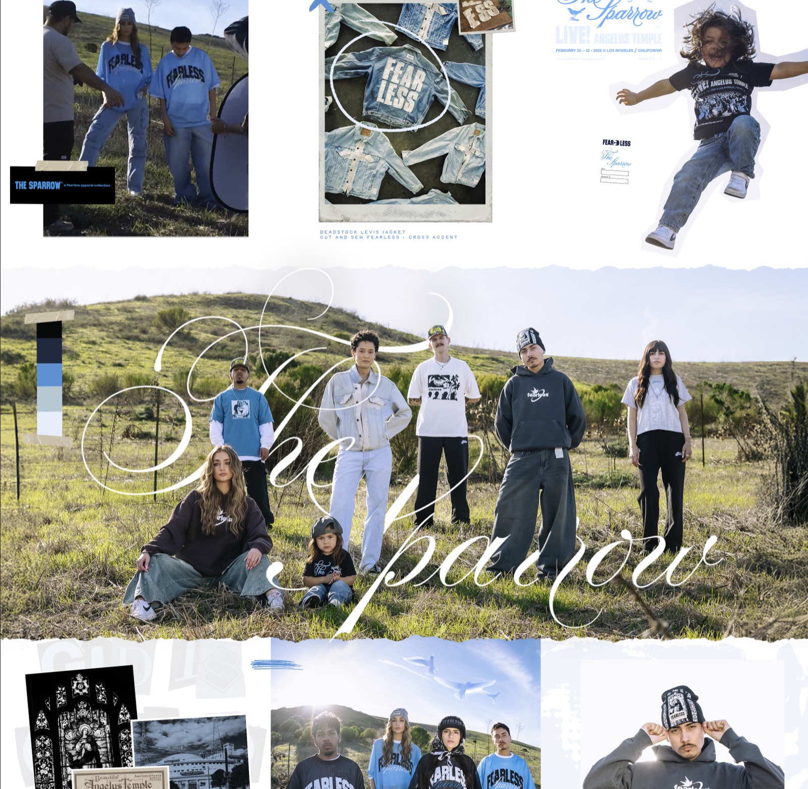 The Sparrow lookbook spread: the line shot in the field with the product grid
