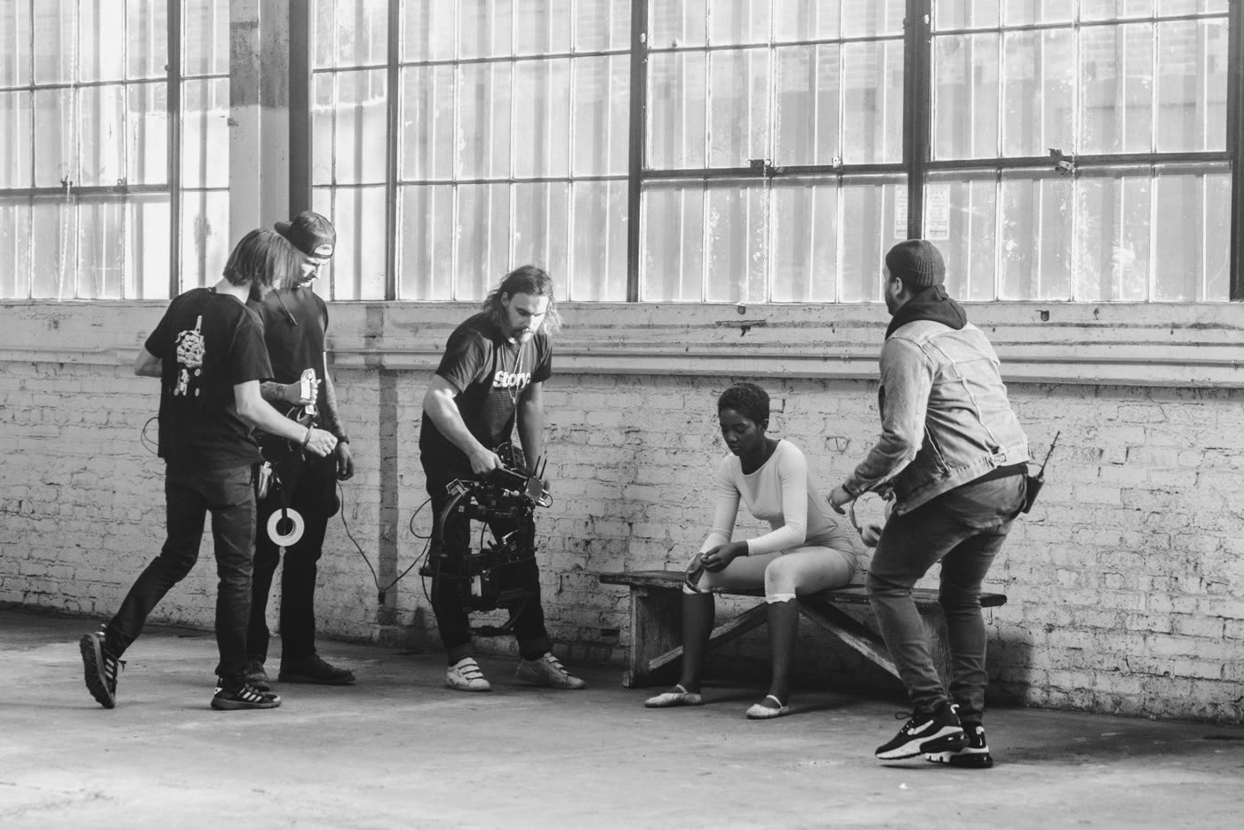 Crew on the bench, black and white