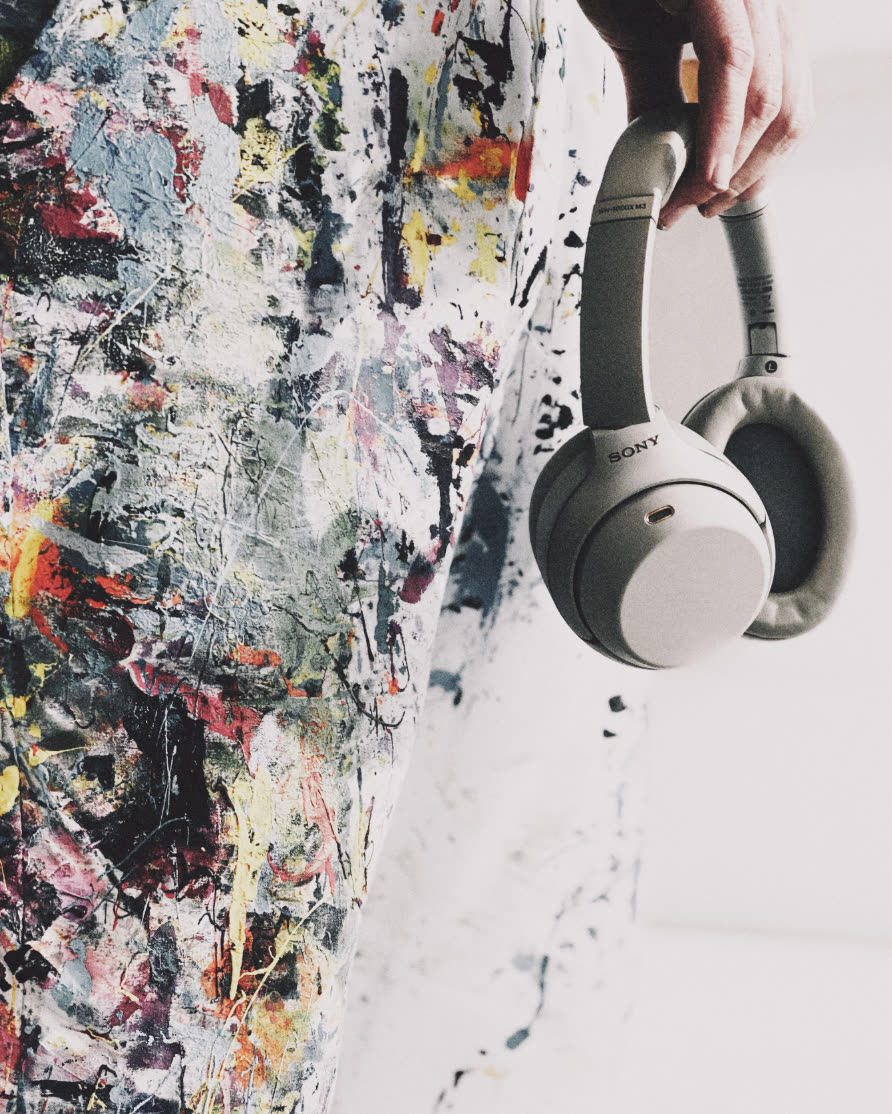 Paint-splattered headphones macro