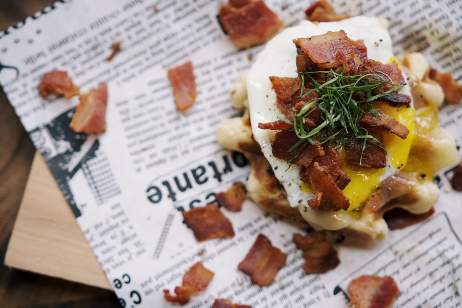 Waffle Me Up brand shoot: The savory build · egg + bacon